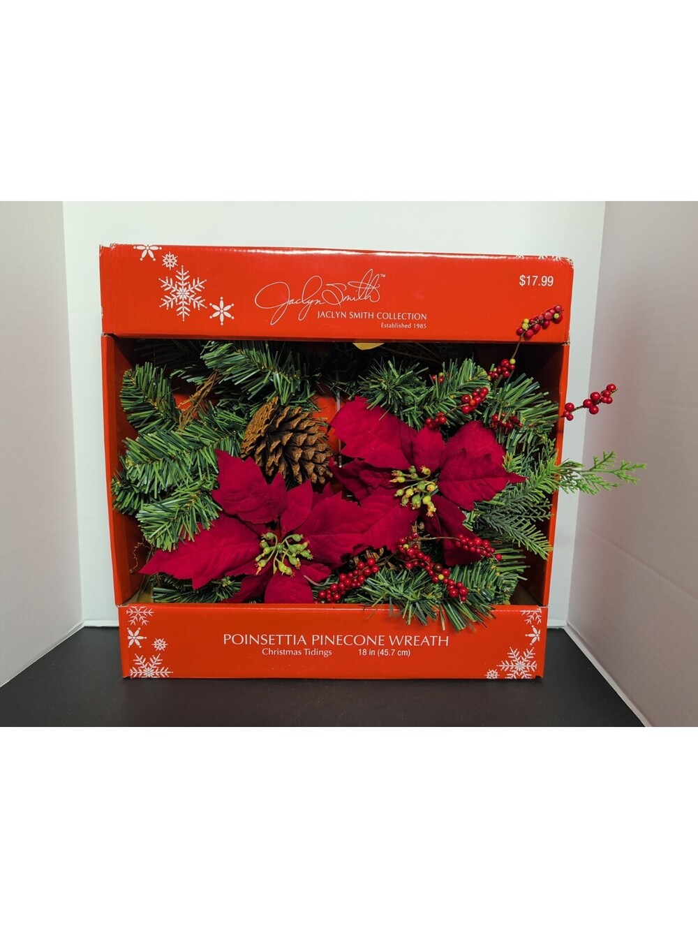 Jaclyn Smith 18" Christmas Wreath Poinsettia Pinecone Red Berries Holiday Dsctnd